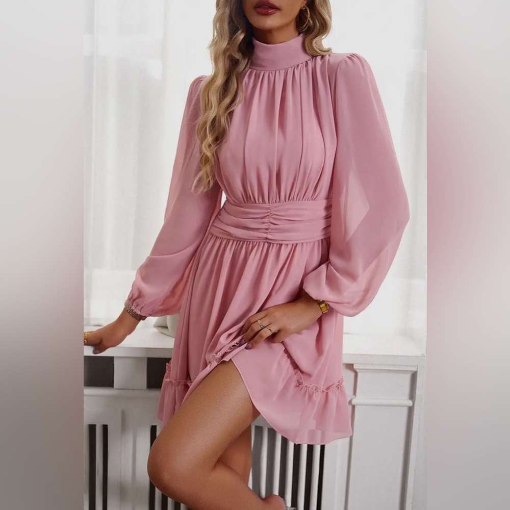 Women's Long Sleeve High Collar Chiffon Mini Dress - Picture 1 of 3